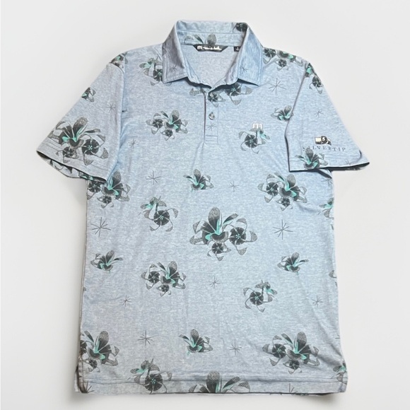 Travis Mathew Denim Blue Golf Polo with Floral Print sz S Silver Tip Resort Logo - Picture 11 of 11